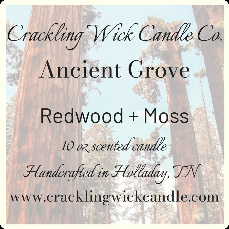 Scented candle label card: Redwood + Moss, 10 oz; handcrafted in Holladay, TN