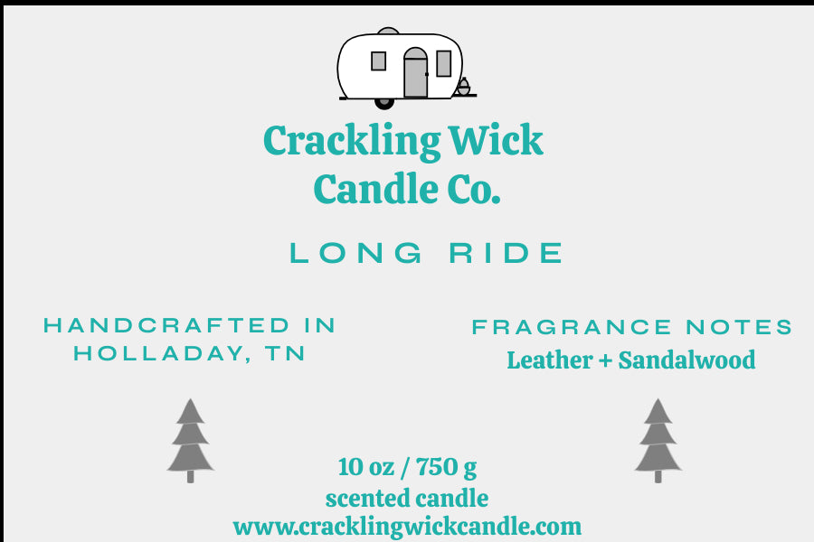 Crackling Wick Candle Co candle label, Leather + Sandalwood, 10 oz/750 g