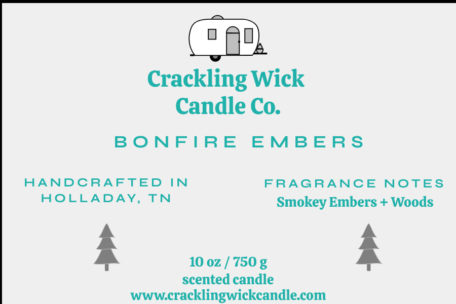 Crackling Wick Candle Co. Bonfire Embers label: smoky embers and woods, 10 oz