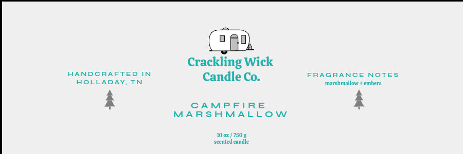 Campfire Candle Co. label card with Crackling Wick logo and fragrance notes