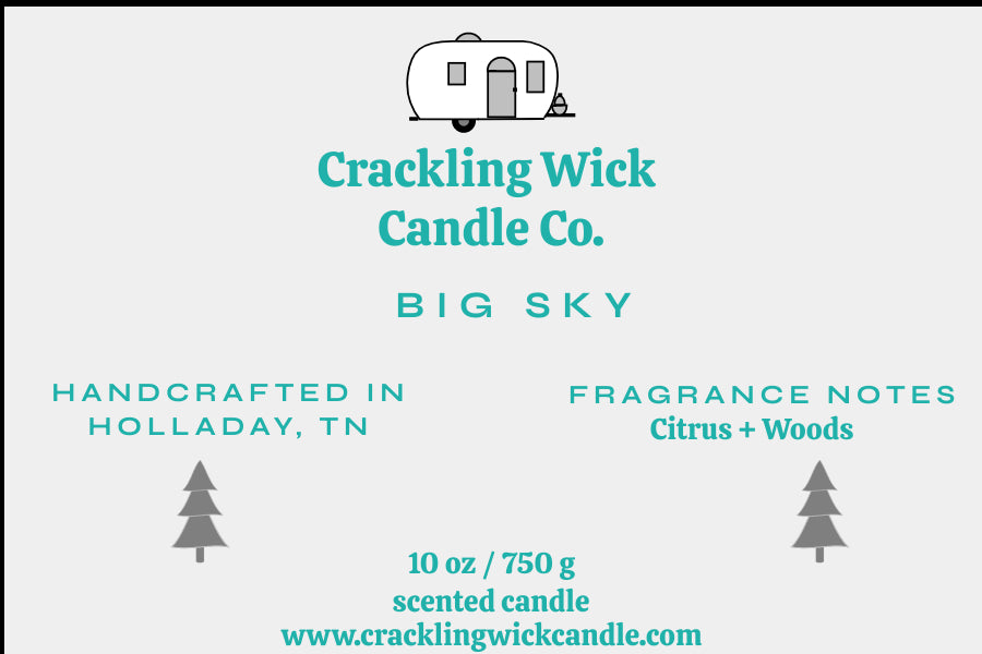 Big Sky scented candle label: citrus + woods, 10 oz/750 g