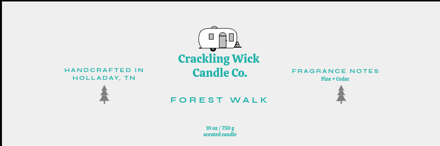 Forest Walk candle label with Crackling Wick and Pin Cedar fragrance notes.