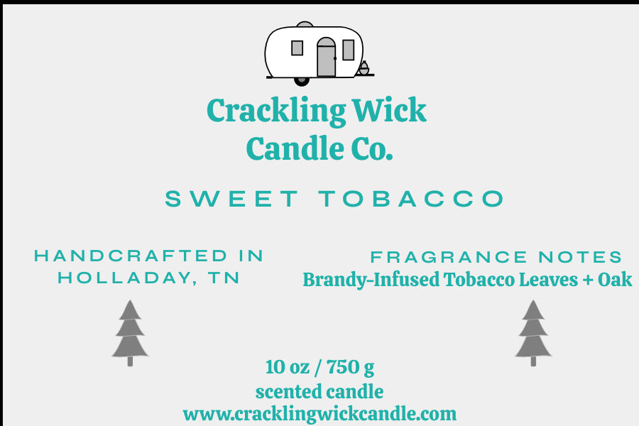 Crackling Wick Candle Co. sweet tobacco label, 10 oz scented candle details