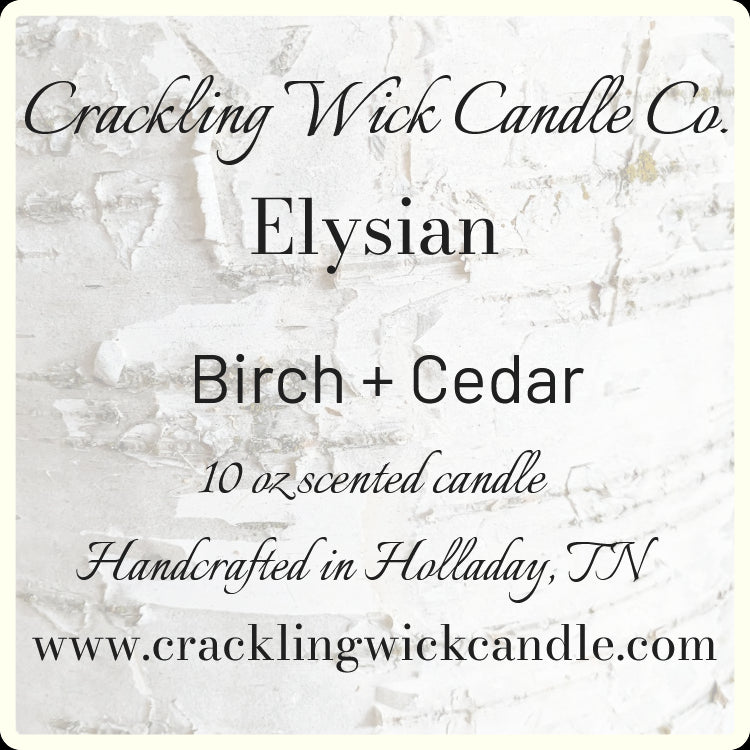 Elysian Birch + Cedar scented candle, 10 oz; Crackling Wick Candle Co. label