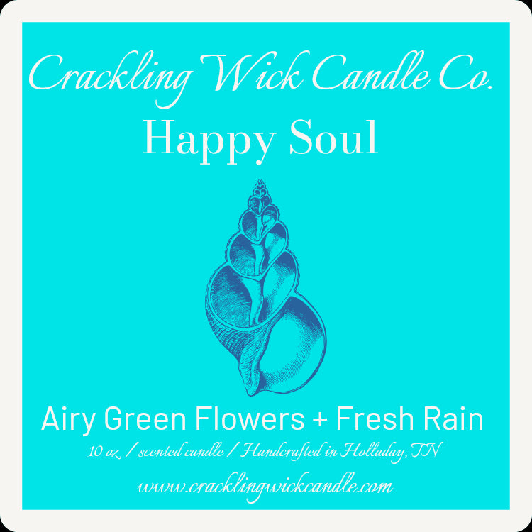 Happy Soul scented candle label in teal with flower-and-rain illustration