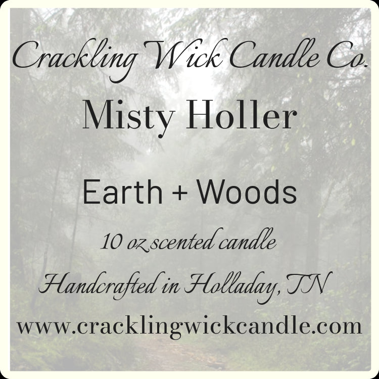 Misty Holler candle label card: Earth + Woods, 10 oz scented candle