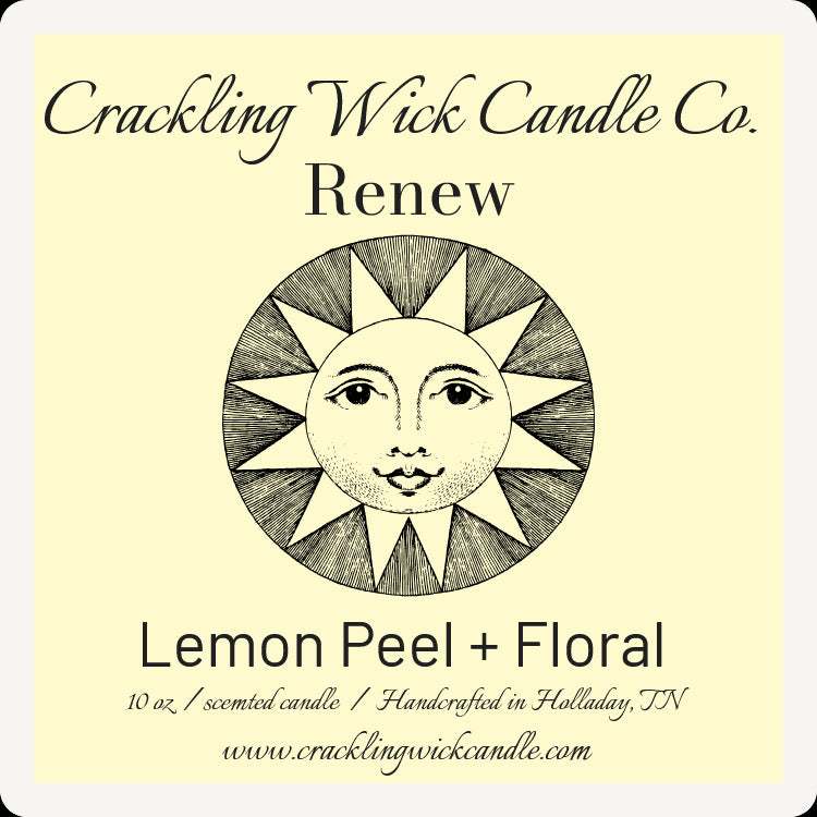 Renew candle label with sun face and "Lemon Peel + Floral" text