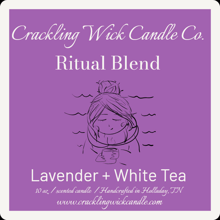 Scented candle label card for Ritual Blend with purple artwork and lavender + white tea scent