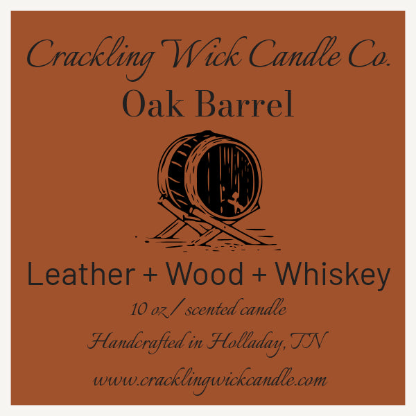 Oak Barrel scented candle label: leather, wood, whiskey, 10 oz