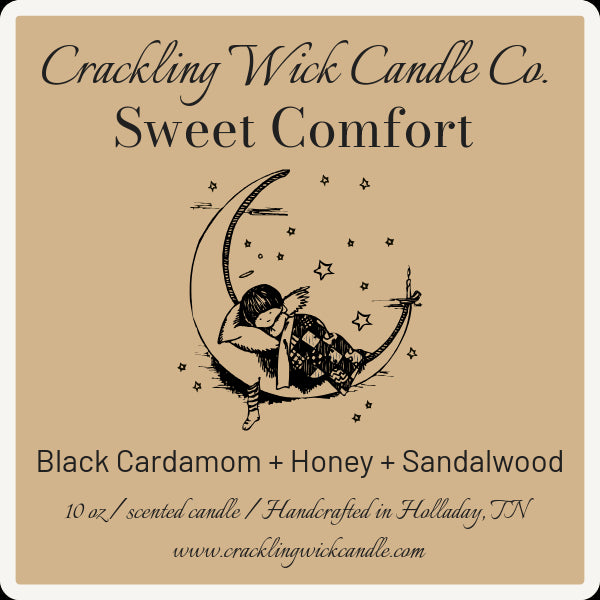 Sweet Comfort scented candle label with black cardamom, honey, and sandalwood notes