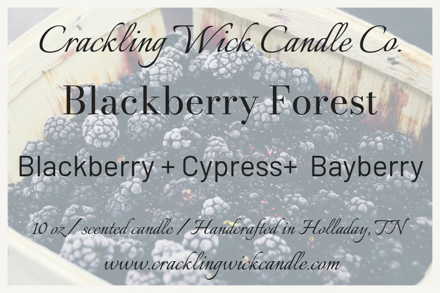 Blackberry Forest scented candle jar label with blackberry, cypress, bayberry notes