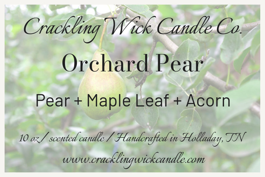 Scented candle label: Orchard Pear, with pear, maple leaf, and acorn notes