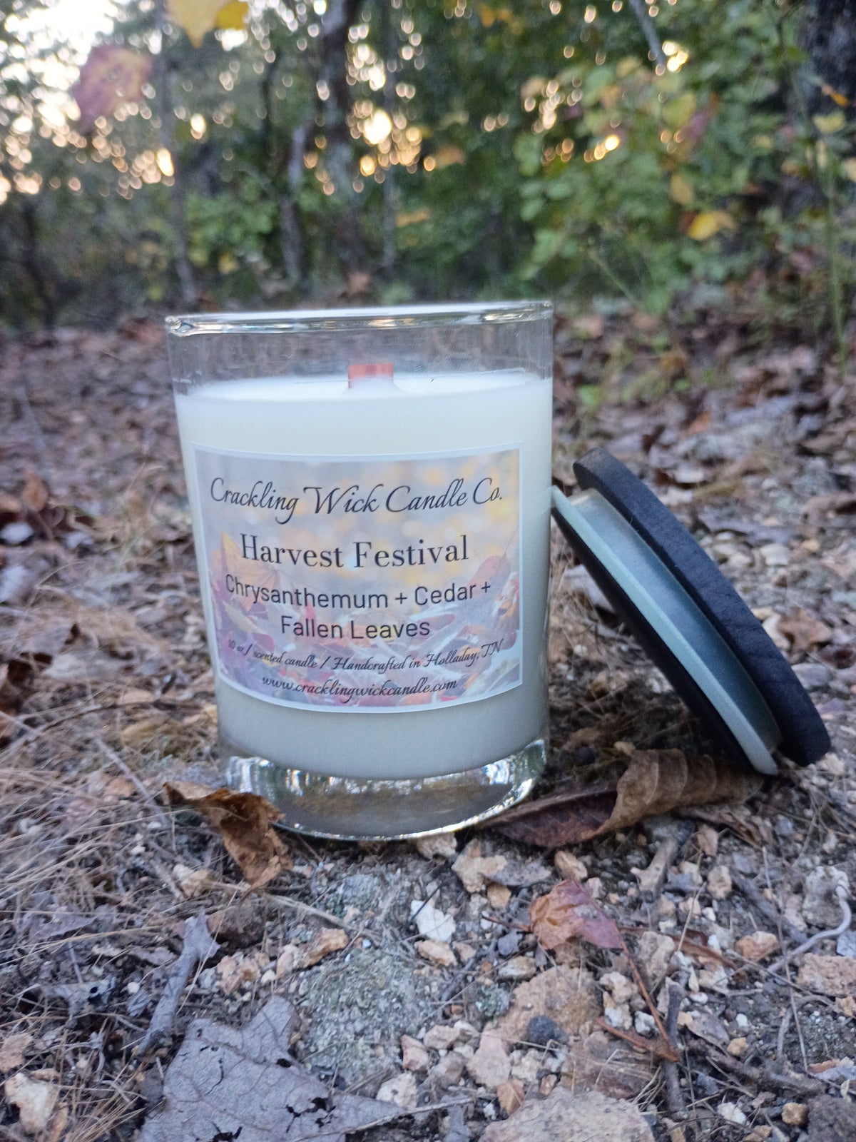 Harvest Festival jar candle in silver tin with exposed wick and label wrap