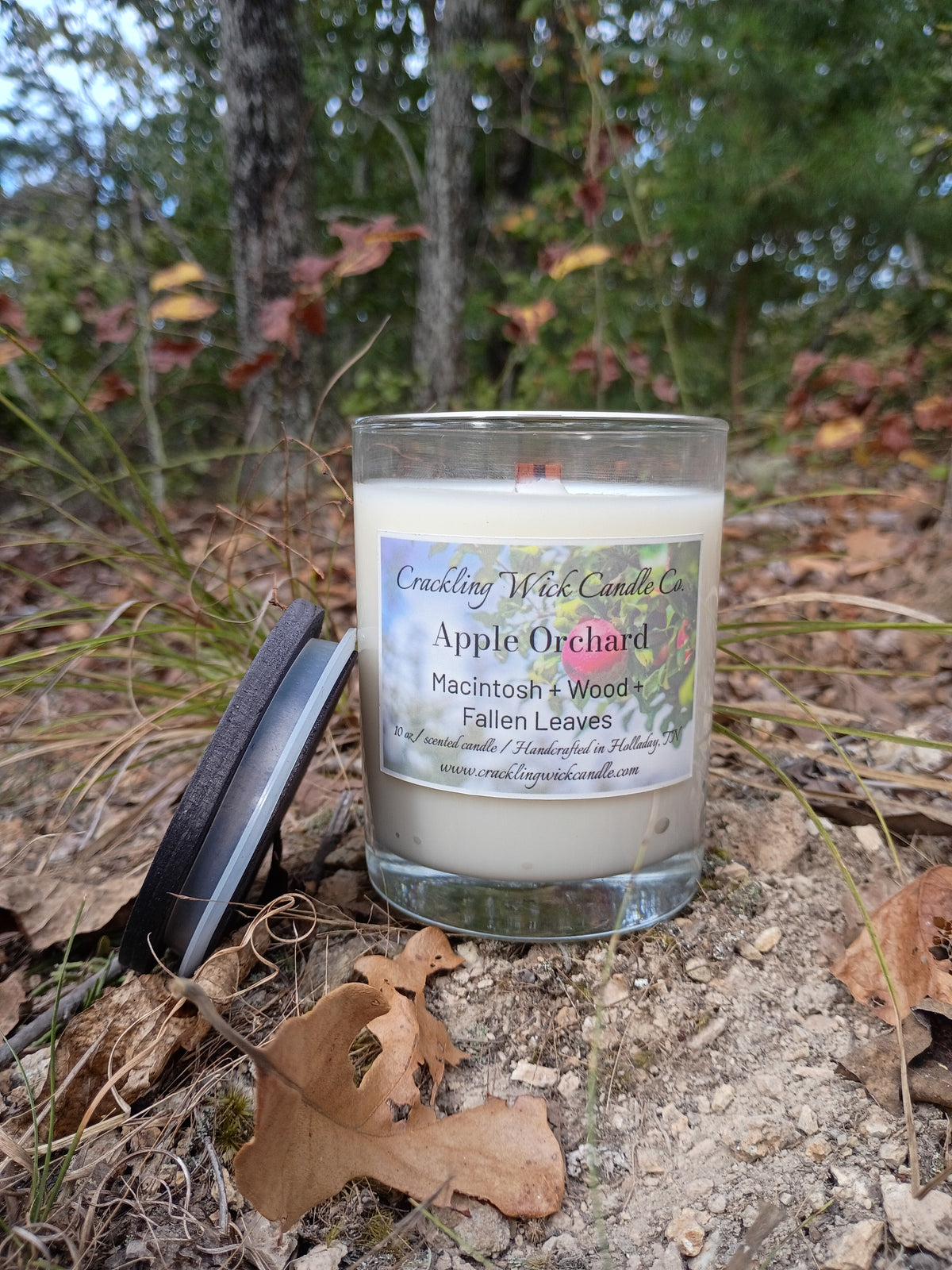 Glass jar candle with white wax and label reading Apple Orchard