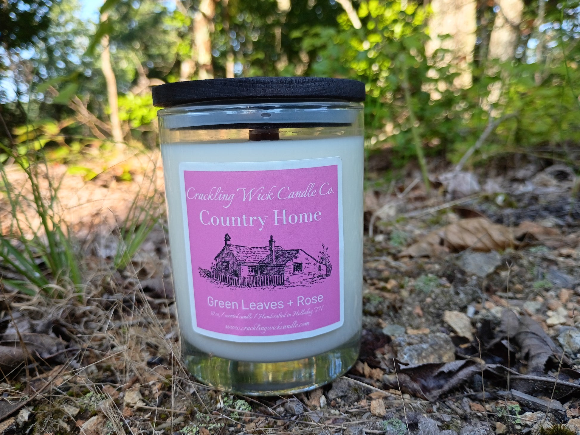 Glass candle jar with black lid, Country Home label, green leaves & rose