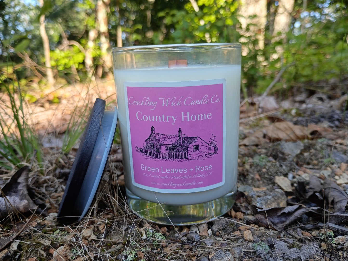 Glass candle jar with Country Home label and green leaves & rose