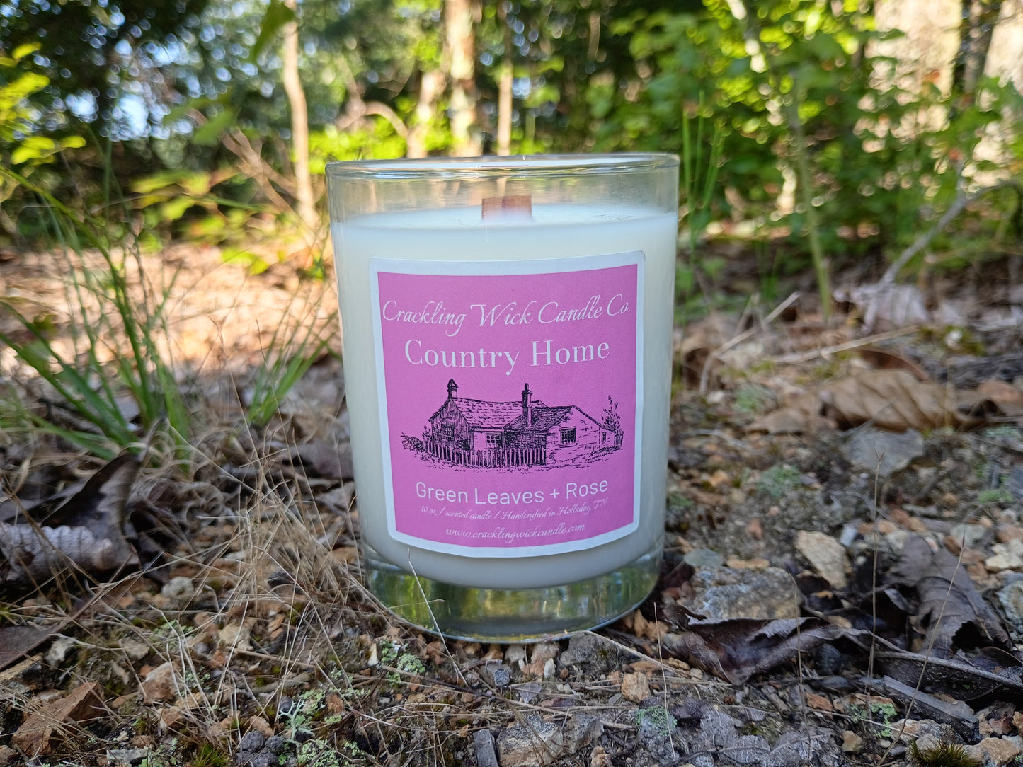 Glass candle jar with Country Home label, green leaves and rose scent